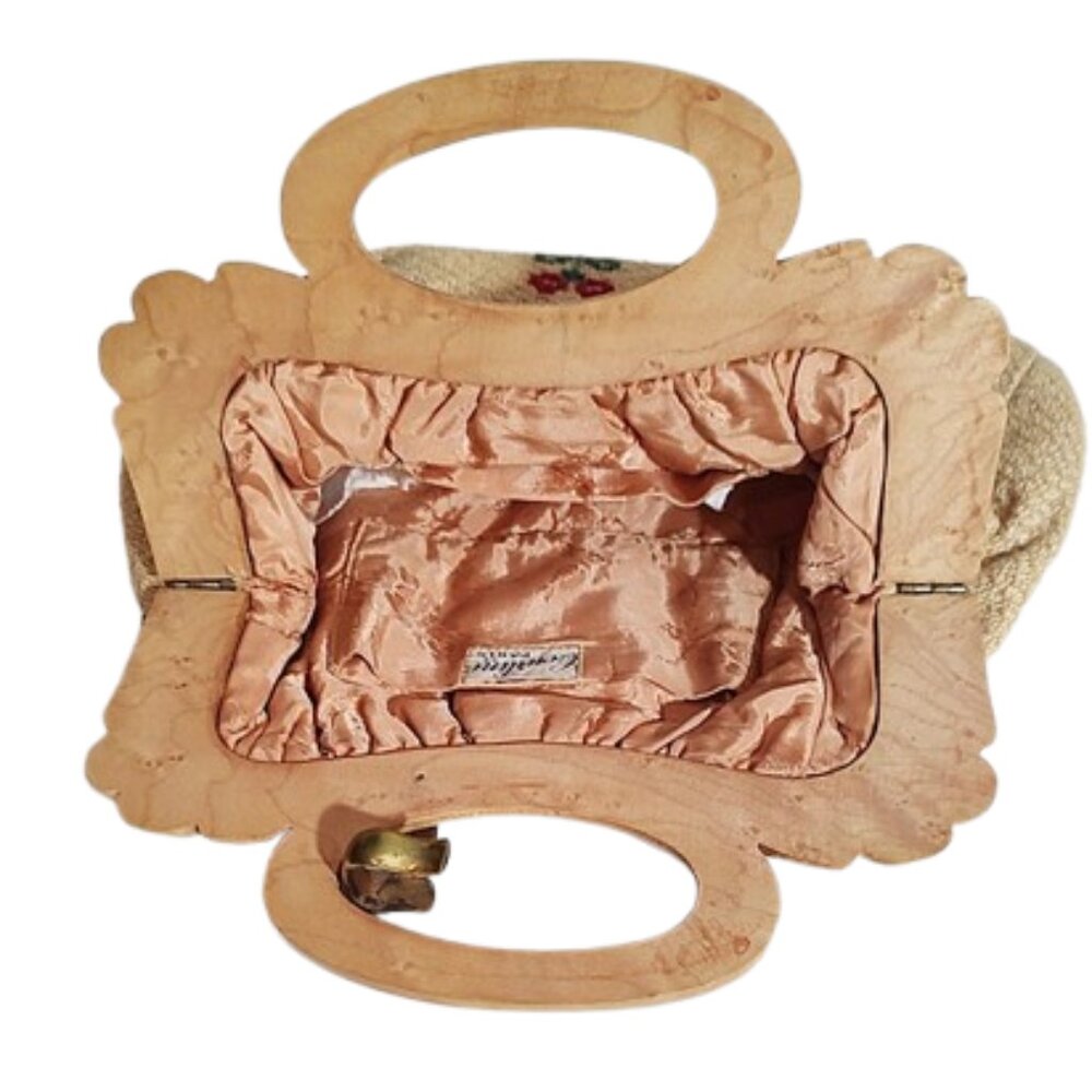 1930s Deco Vintage Tan Flowered Fabric Handbag With A Carved Wood Handle Paris - Picture 5 of 6